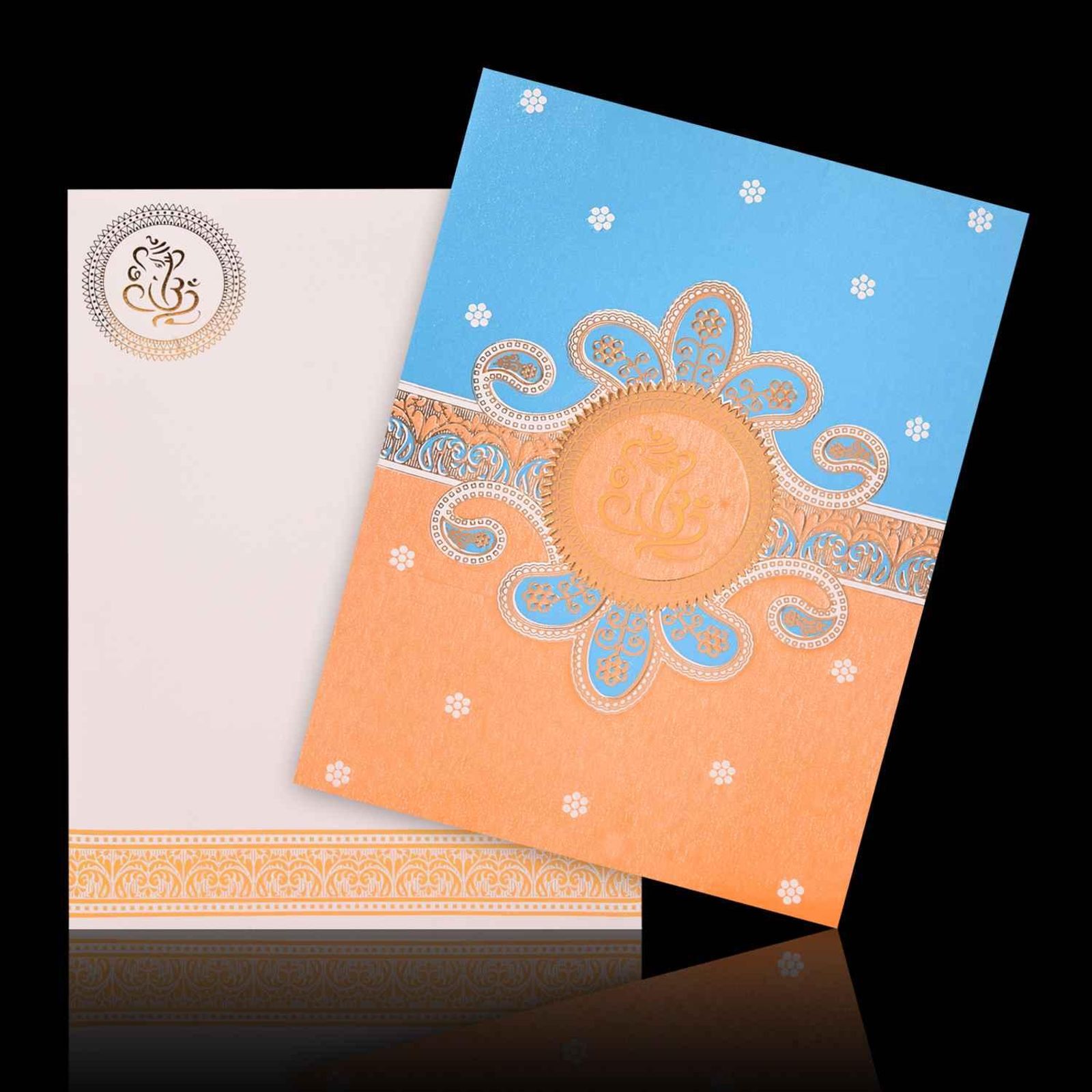 Enchanting Blue With Orange Shading Blossom Theme Wedding Card - KNK2956-2